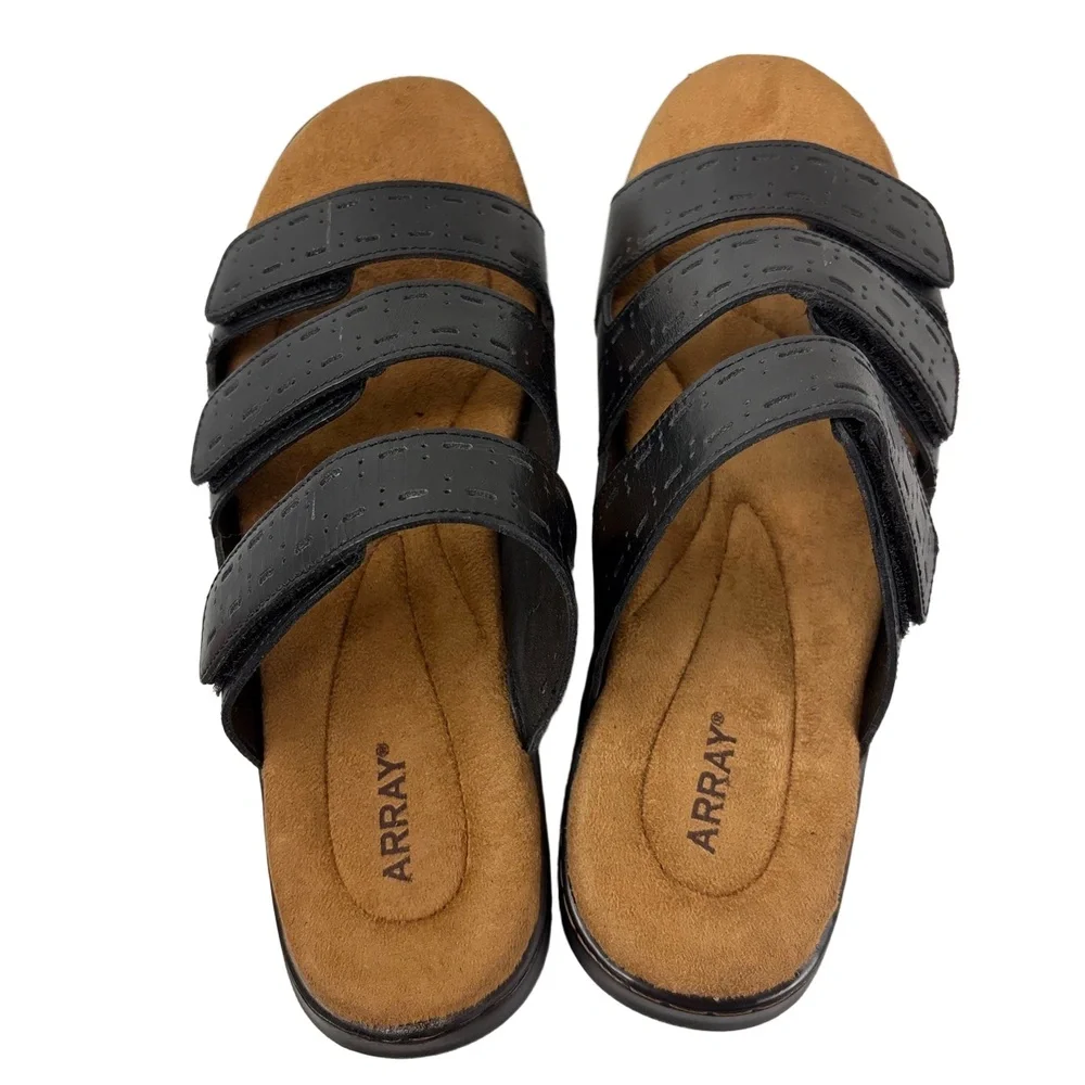 ARRAY Boardwalk Womens 9.5M Black Leather Slide Sandals Adjustable Memory Foam - Picture 4 of 9